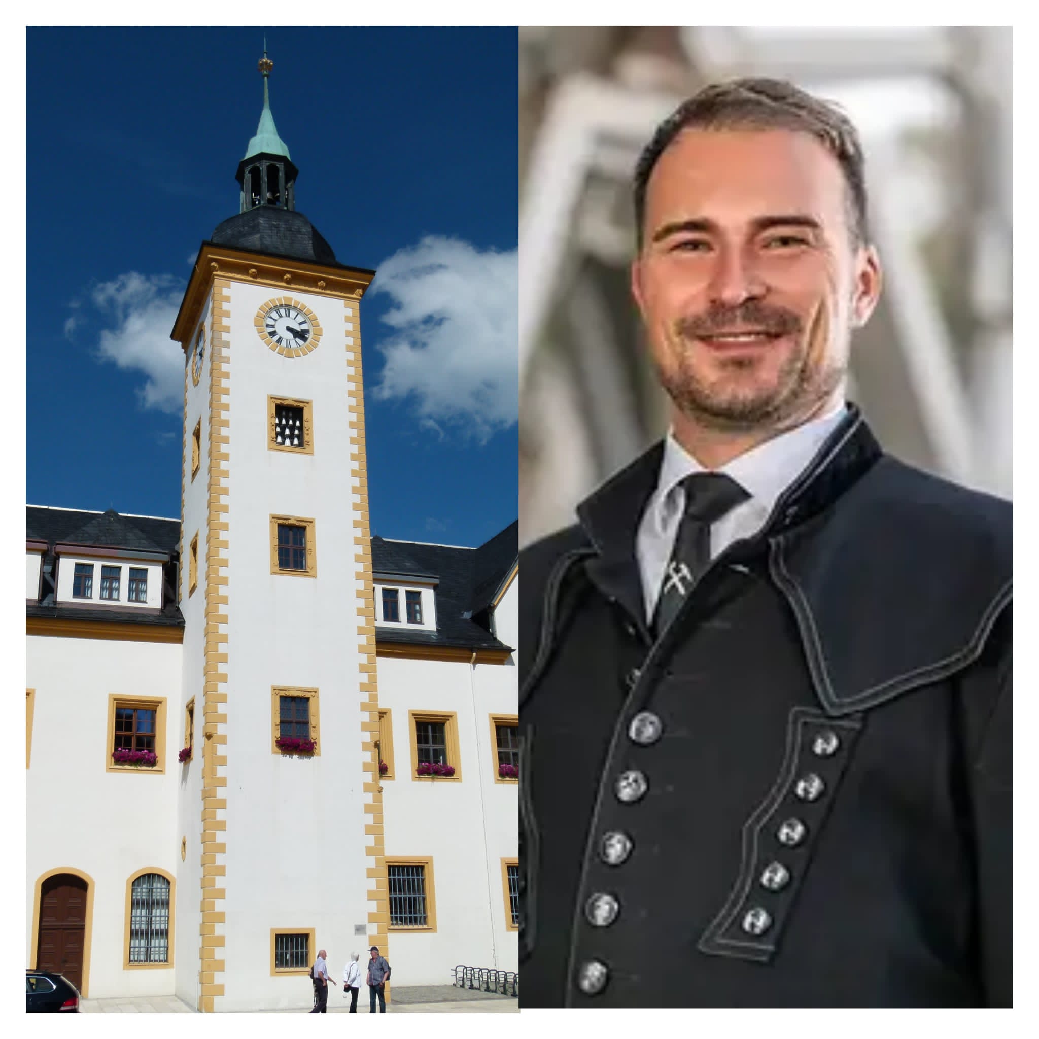 Im Bild links Rathaus Freiberg, im Bild Rechts Philipp Preissler